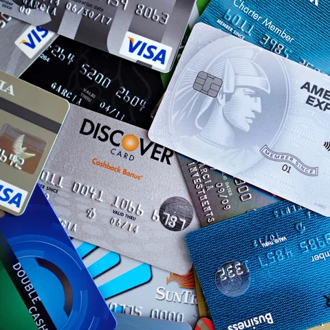 A close view of several credit cards